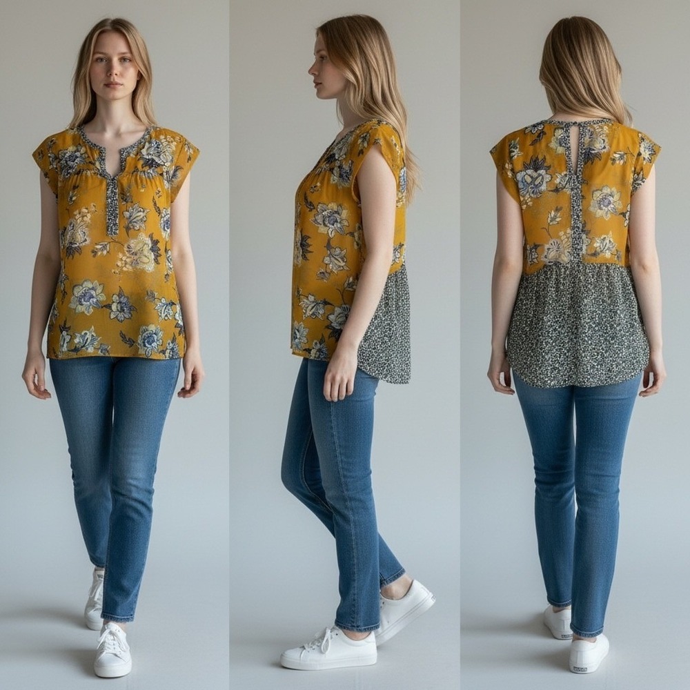 DR2 Womens Floral Mixed Print Cap Sleeve Blouse Mustard Yellow Small boho chic